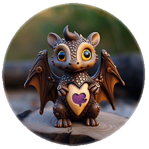3D illustration of a carved wooden dragon with a heart on its chest, symbolizing care and protection for the sky city of mikoopolis.